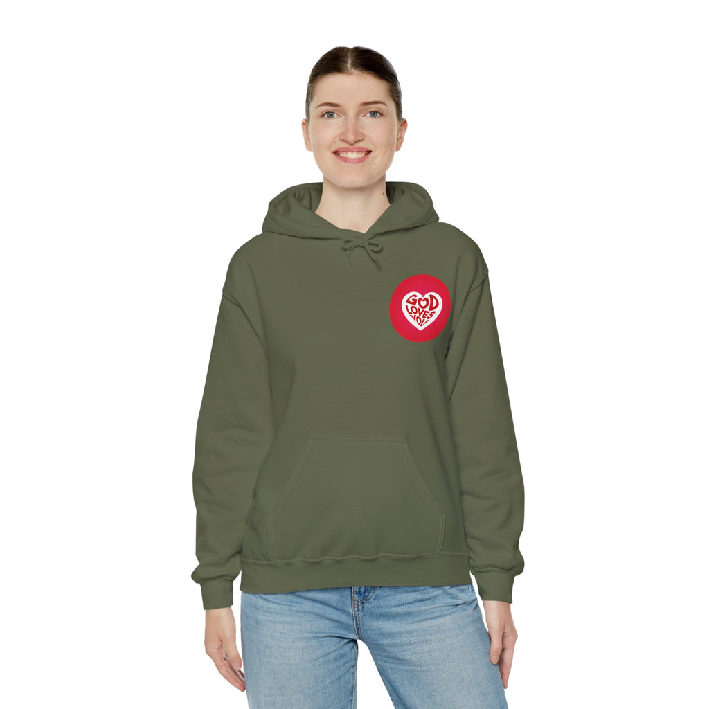 Person wearing an olive green hoodie with a red logo on a white background