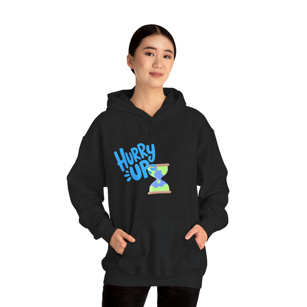 Person wearing a black hoodie with 'Hurry Up' text and hourglass graphic on a white background