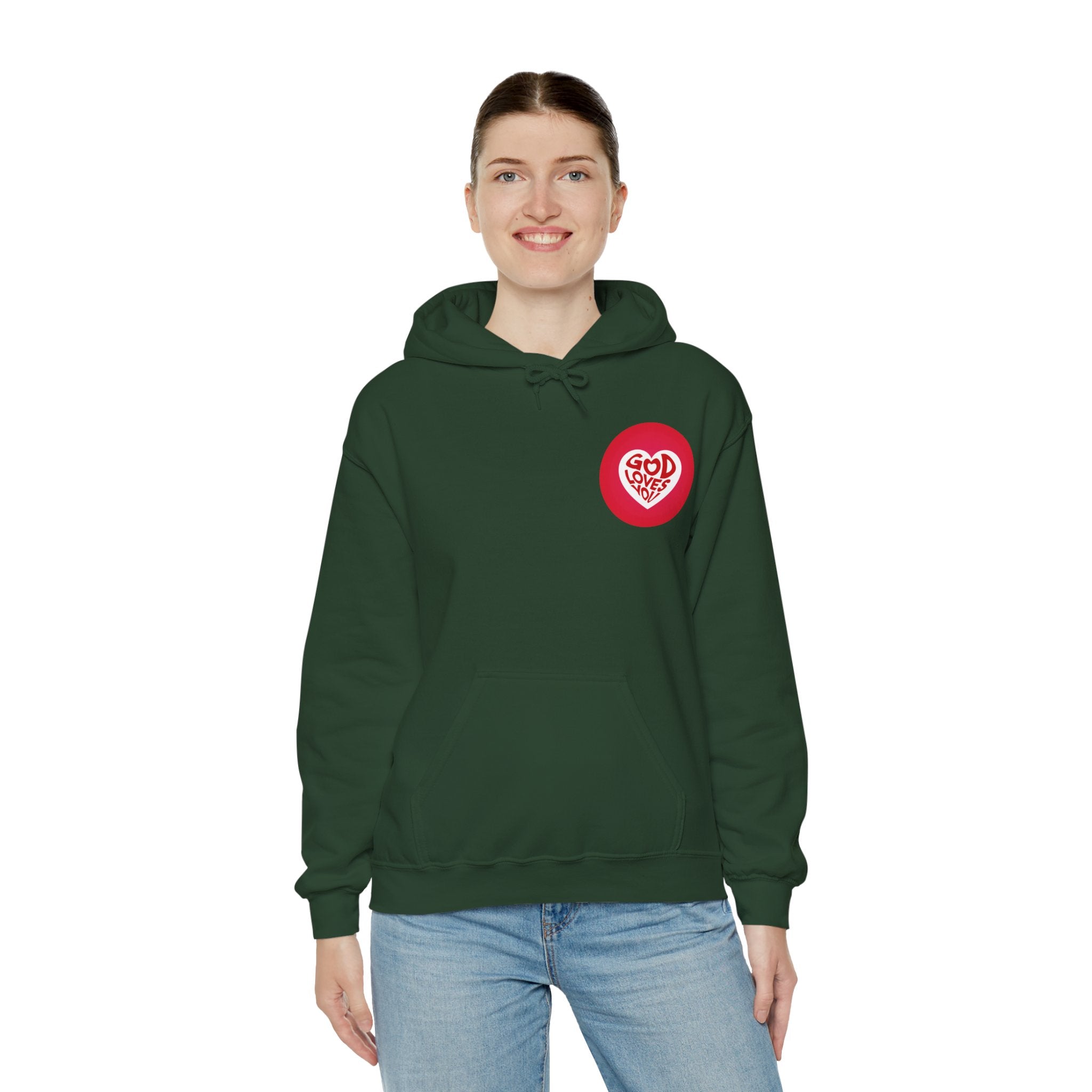 Person wearing a green hoodie with a red logo on a white background
