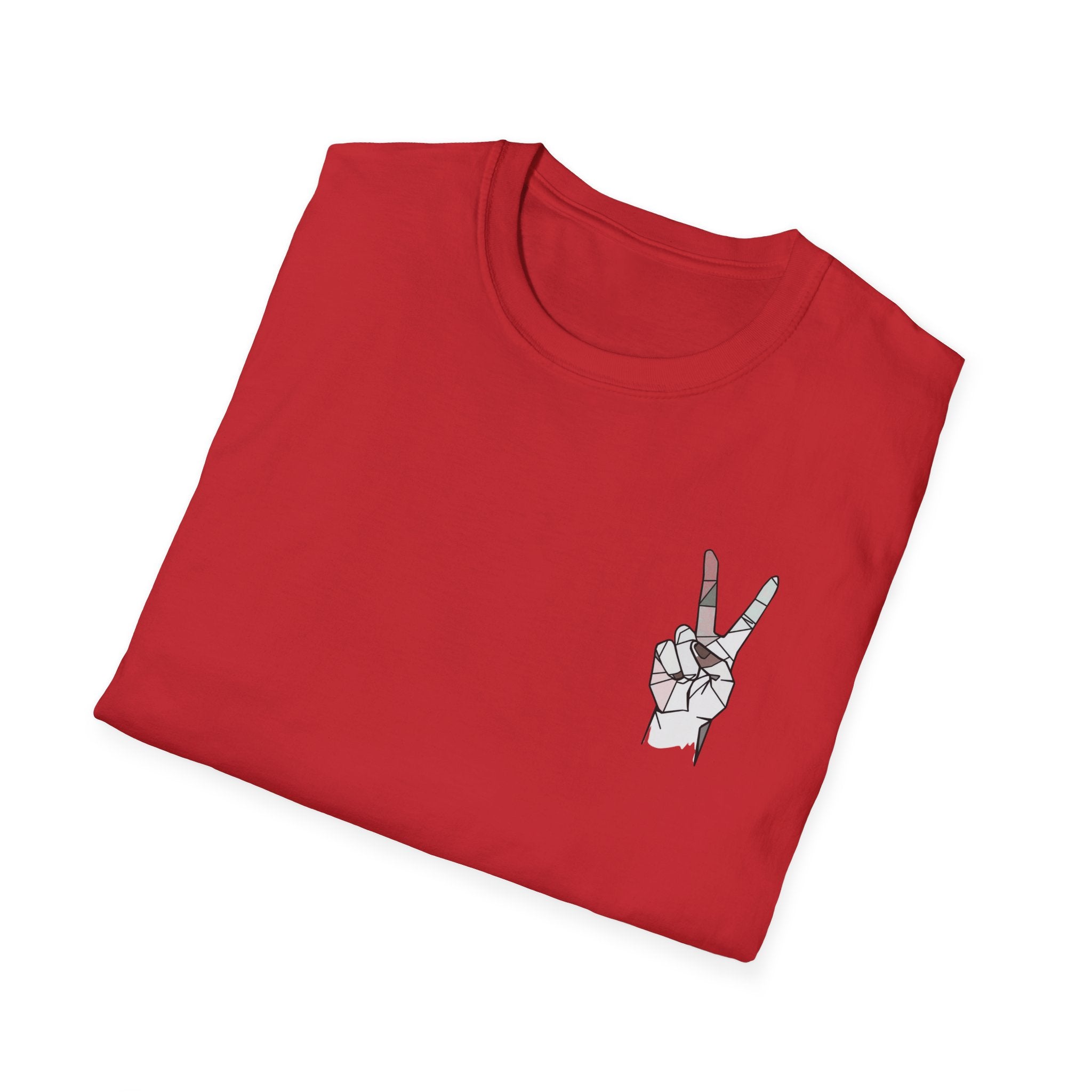 Folded red t-shirt with a hand gesture design on a white background