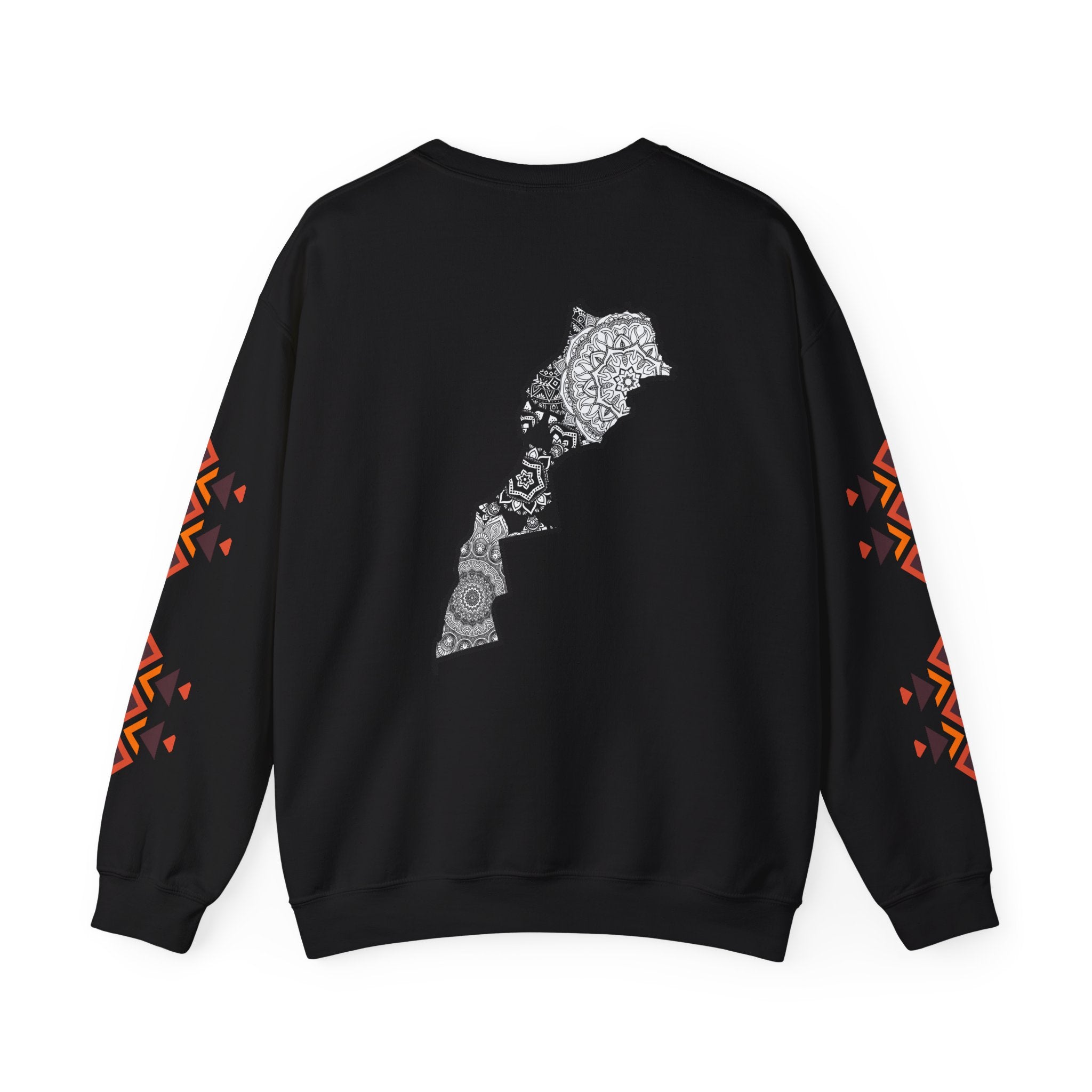 Black sweatshirt with a decorative design on the back and sleeves on a white background
