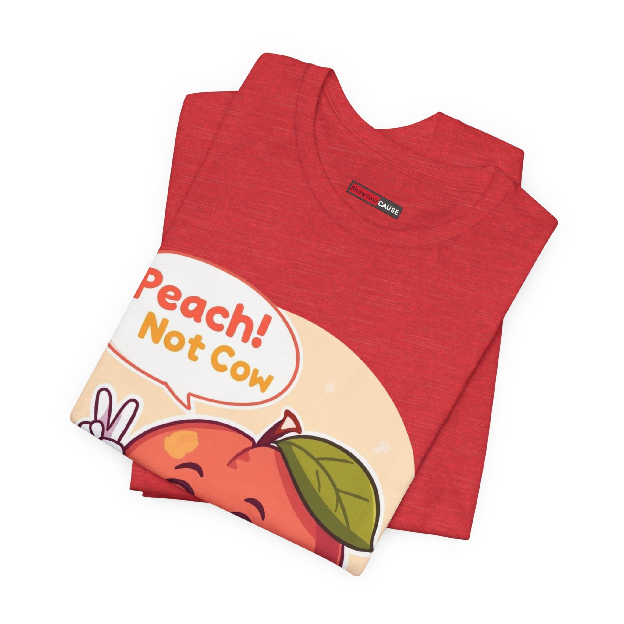 Red t-shirt with a peach graphic and text on a white background