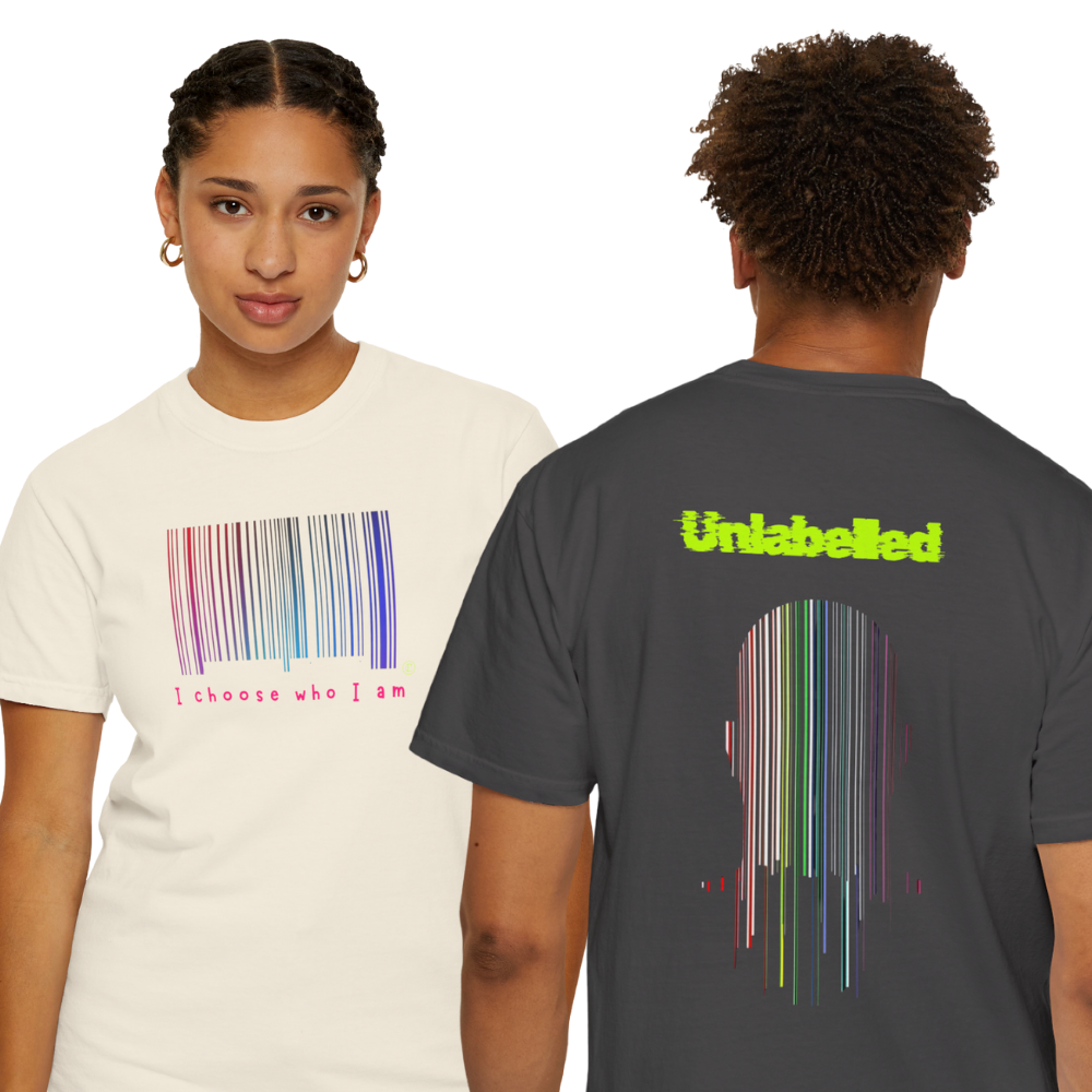 Two people wearing t-shirts with a barcode design and 'Unlabelled' text.