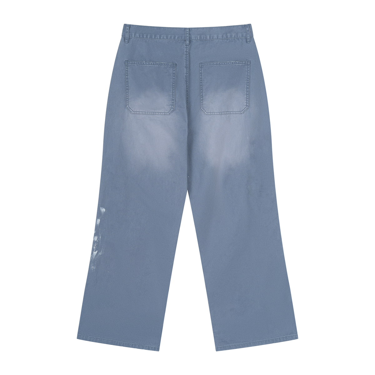 Back view of a pair of wide-leg jeans in a faded light blue denim wash, featuring two large back pockets and subtle distressed details on the lower left leg.