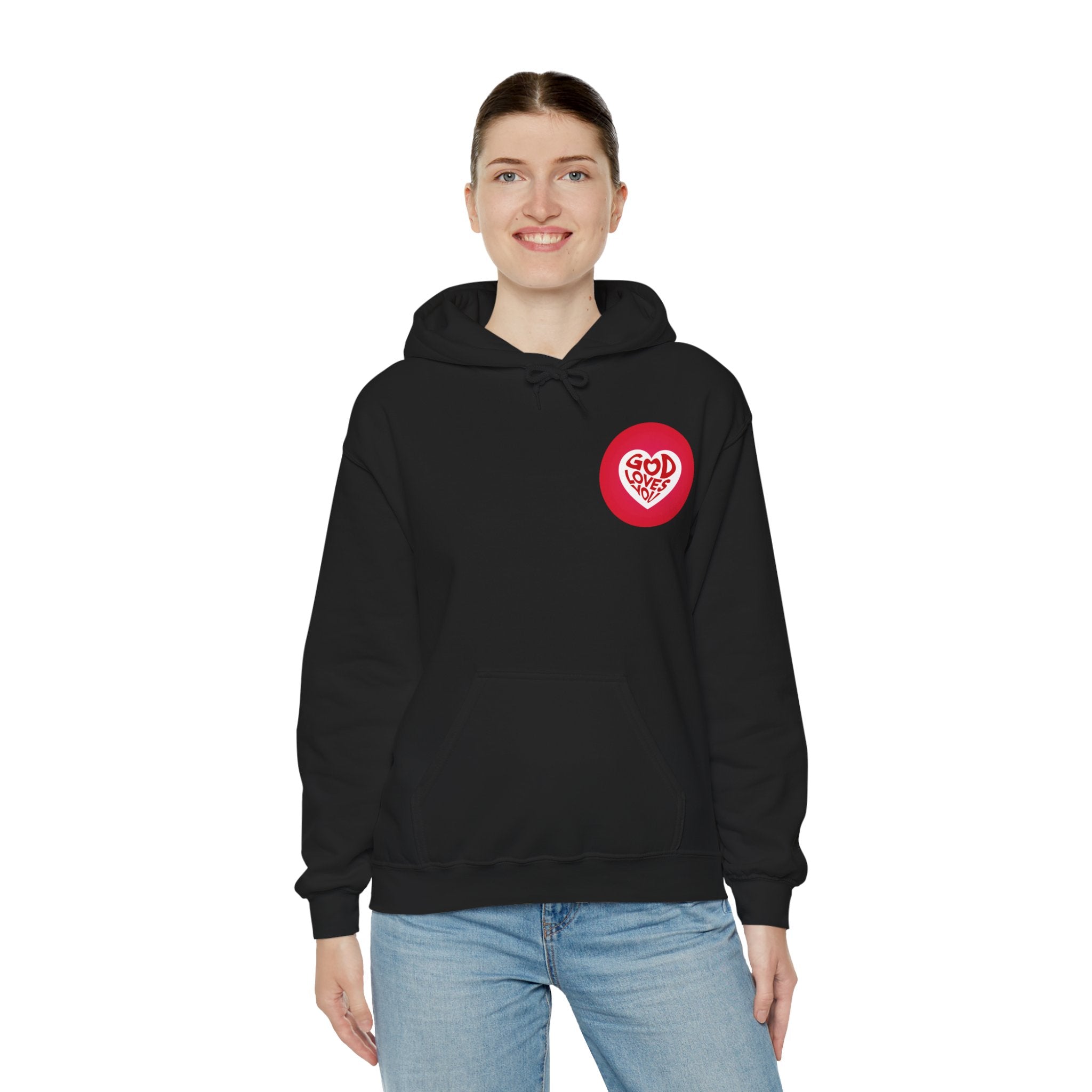 Person wearing a black hoodie with a red logo on a white background