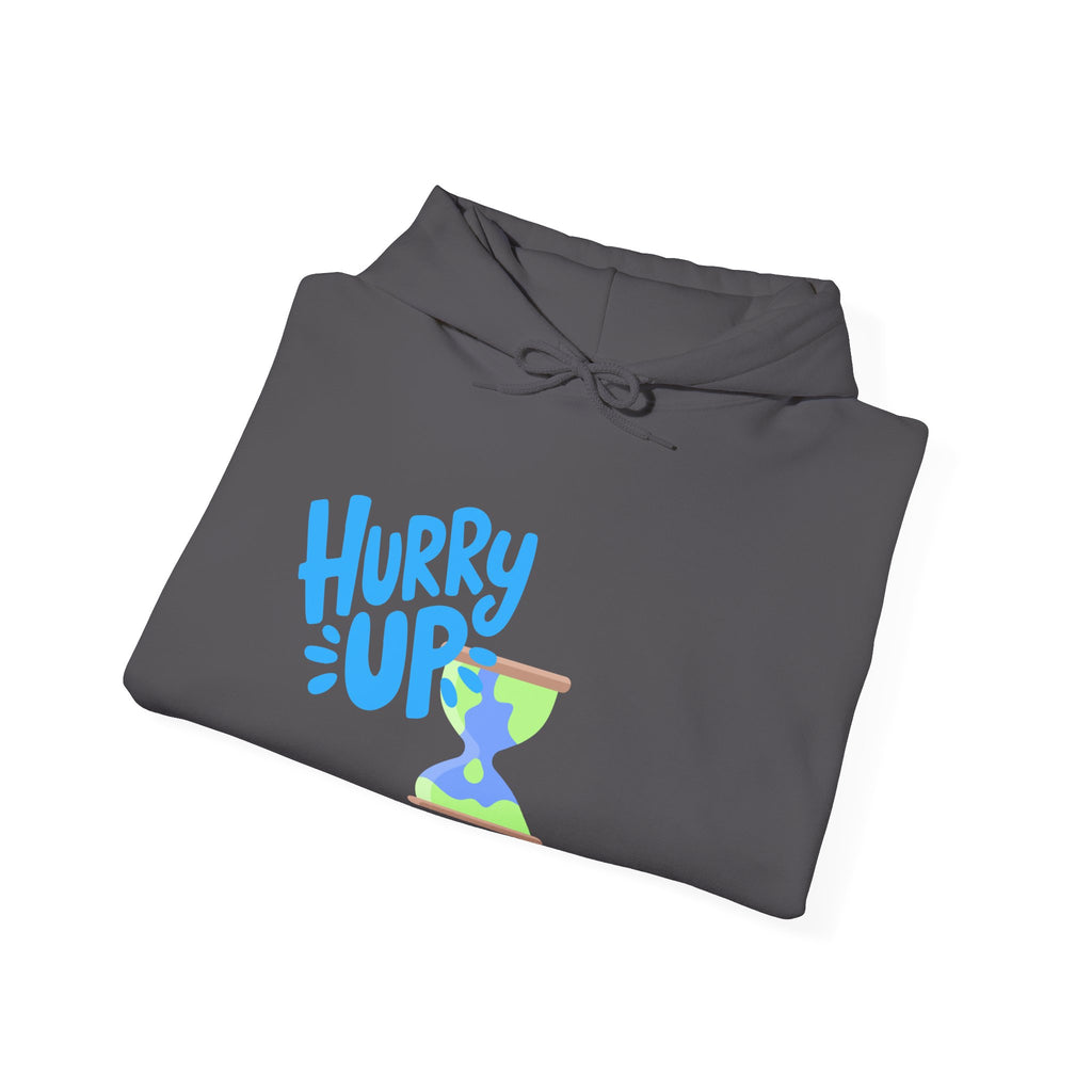 Folded gray hoodie with 'Hurry Up' text and sand timer graphic on a white background