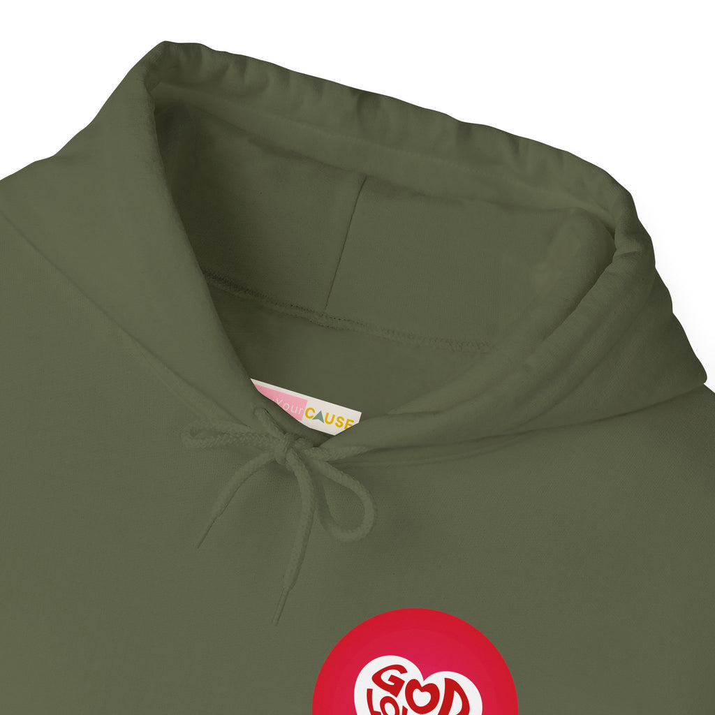 Green hoodie with a red logo on a white background