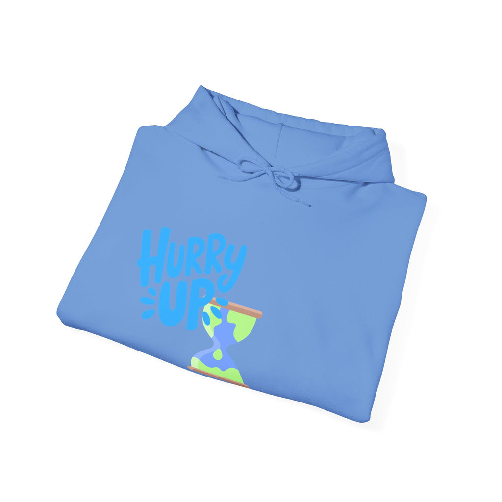 Folded blue hoodie with 'Hurry Up' text and boot graphic on a white background