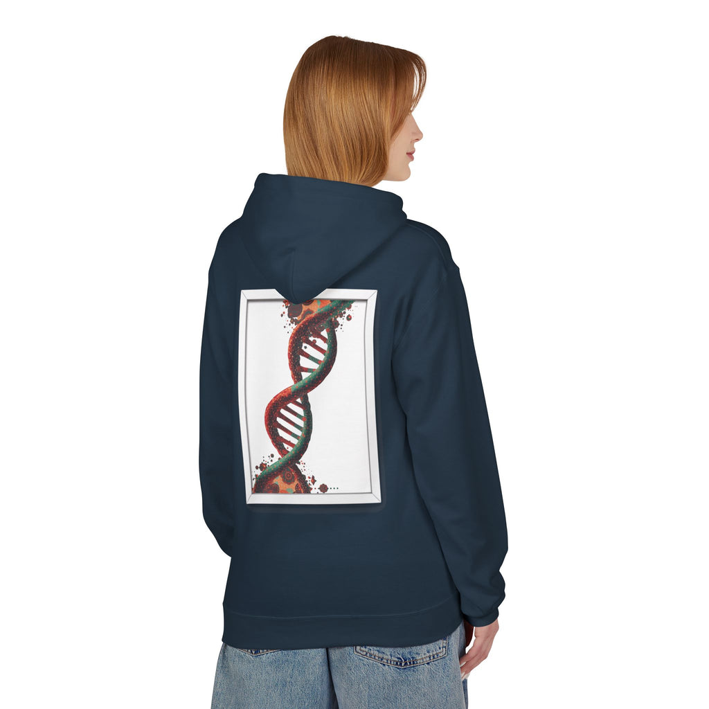 Person wearing a navy blue hoodie with a DNA double helix design on the back, on a white background.