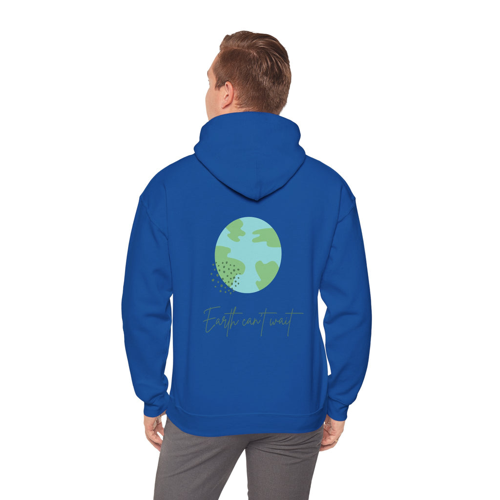 Person wearing a blue hoodie with a green Earth graphic and 'Earth can't wait' text on the back.
