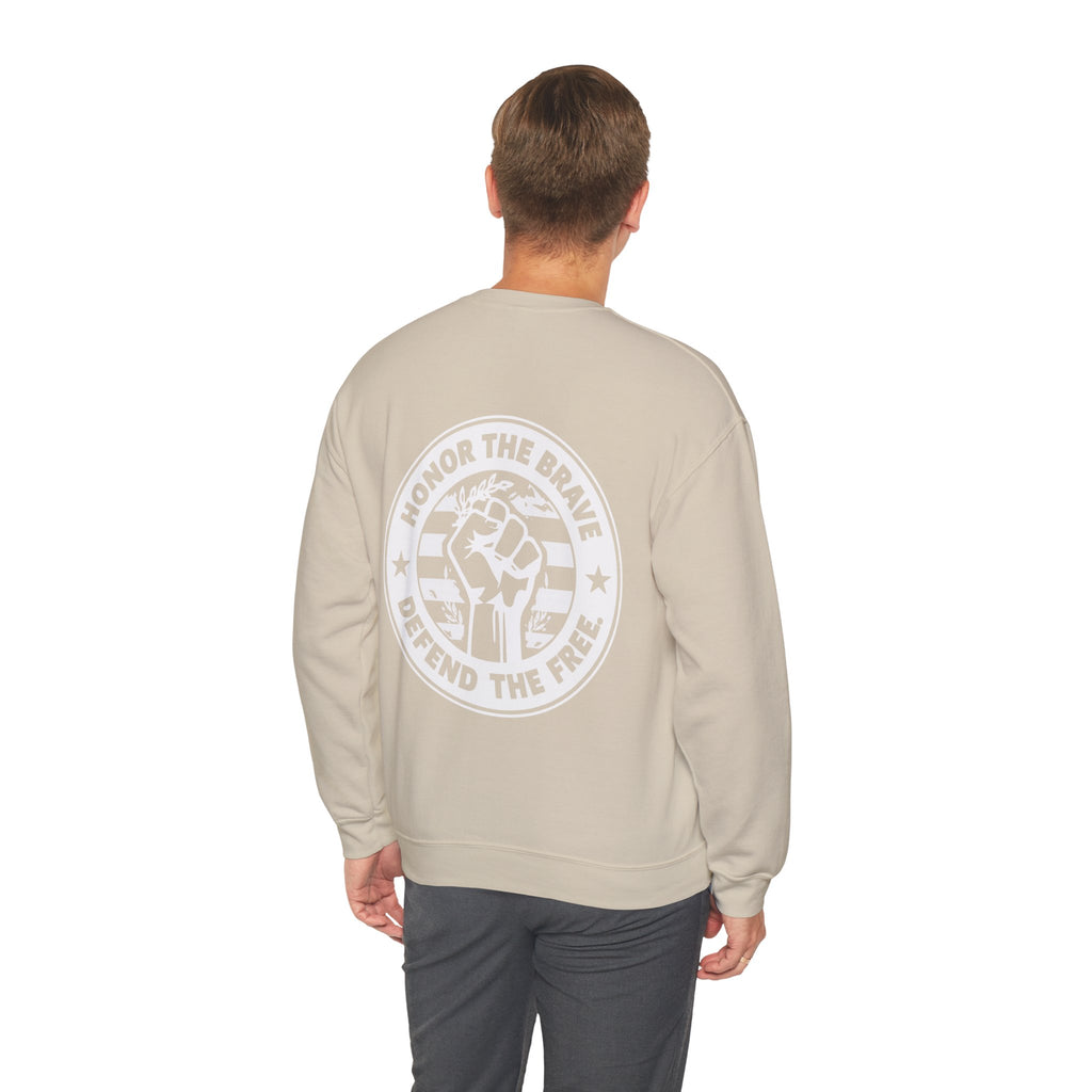Beige sweatshirt with a graphic design on the back worn by a person, on a white background