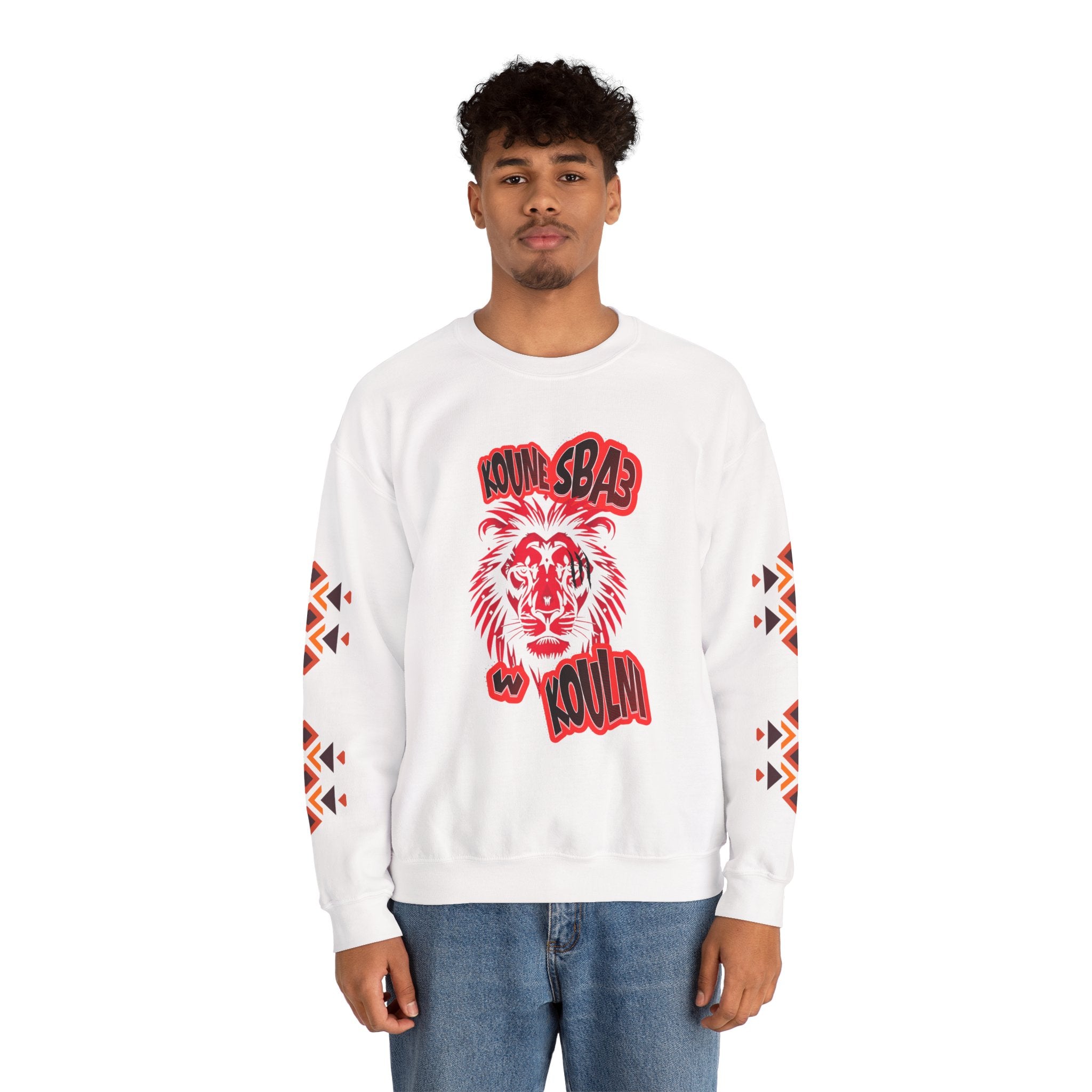 Person wearing a white sweatshirt with red and black graphics on a white background