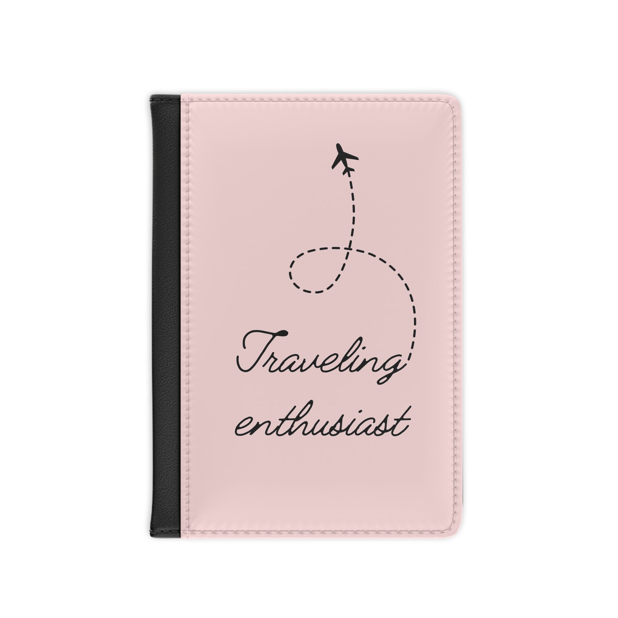 Pink passport holder with 'Traveling enthusiast' text and airplane icon on a white background