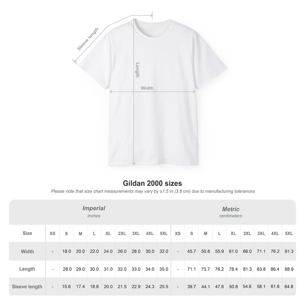 White t-shirt with measurement chart for Gildan 2000 sizes on a white background