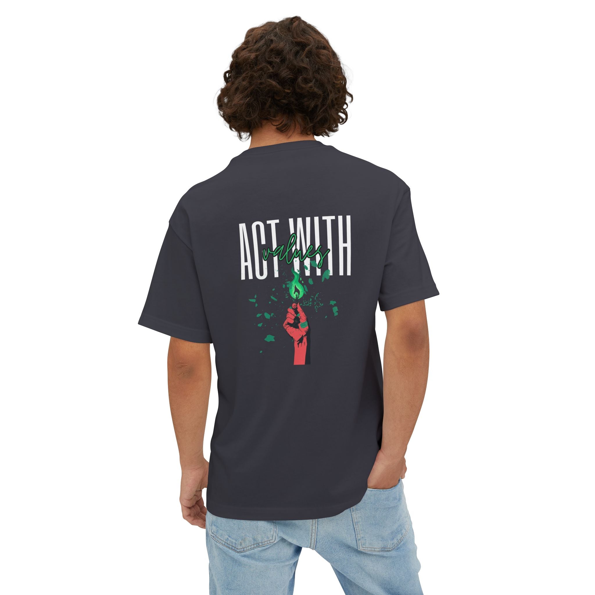 Person wearing a black t-shirt with 'Act With Action' design on the back, on a white background