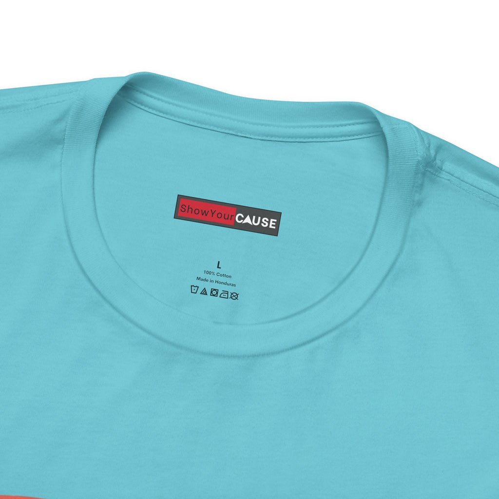 Close-up of a turquoise t-shirt with a label on the collar.