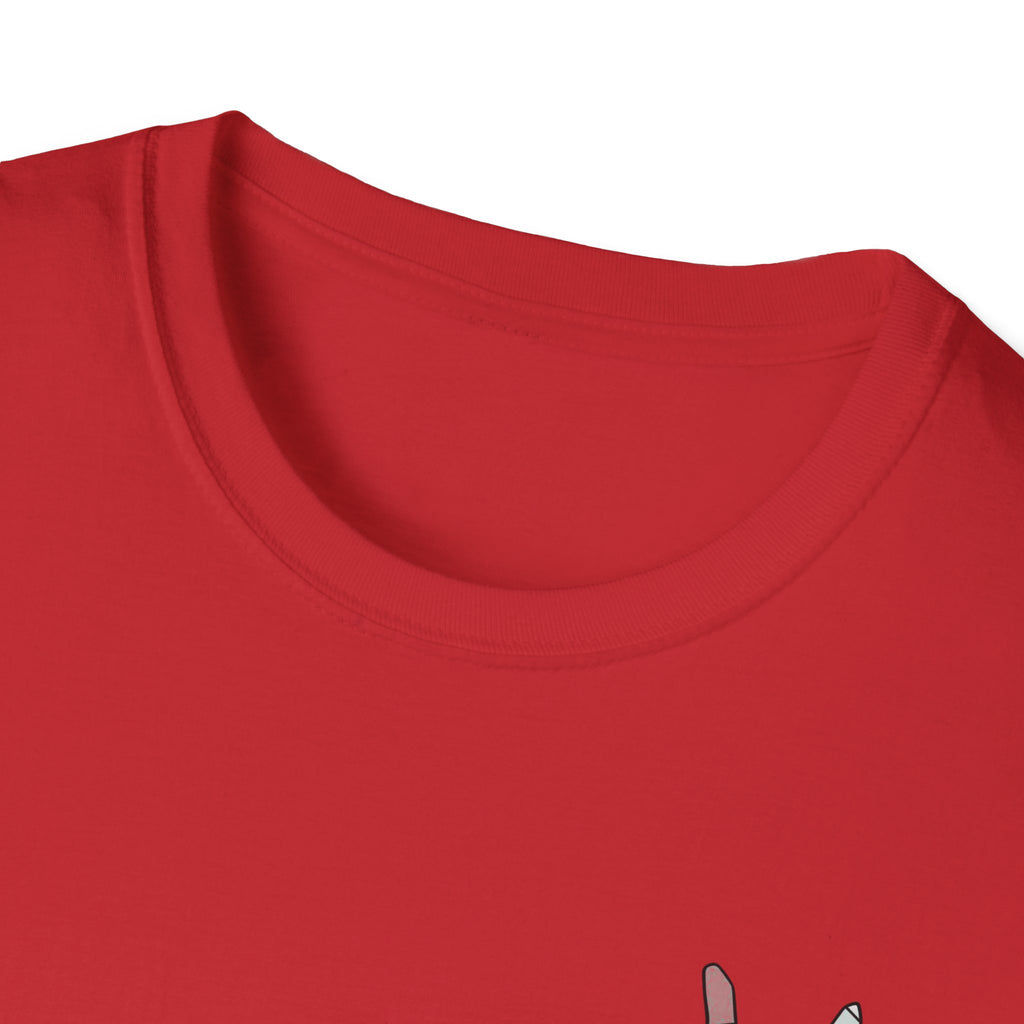 Close-up of a red t-shirt with a small graphic on a white background