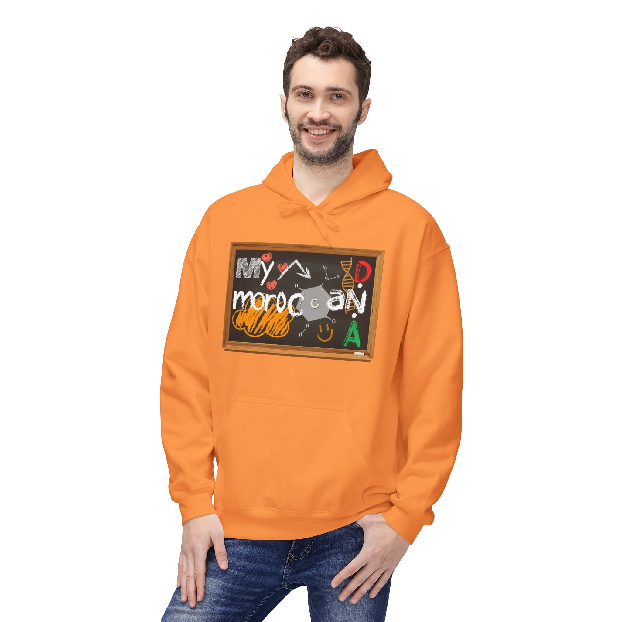 Man wearing an orange hoodie with a graphic design on a white Moroccan DNAbackground