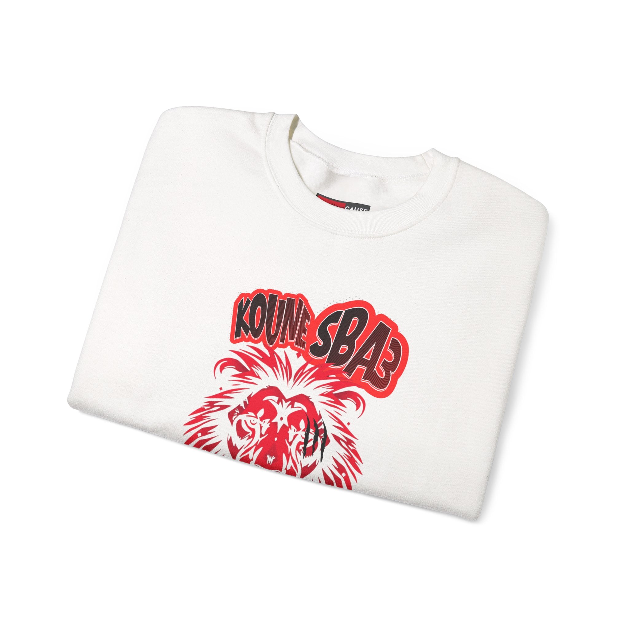 White sweatshirt with red and black graphic design on a white background
