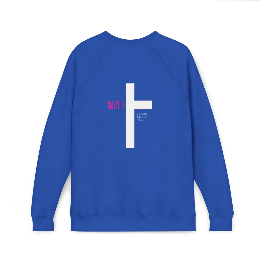 Blue sweatshirt with a white christian cross and text on a white background