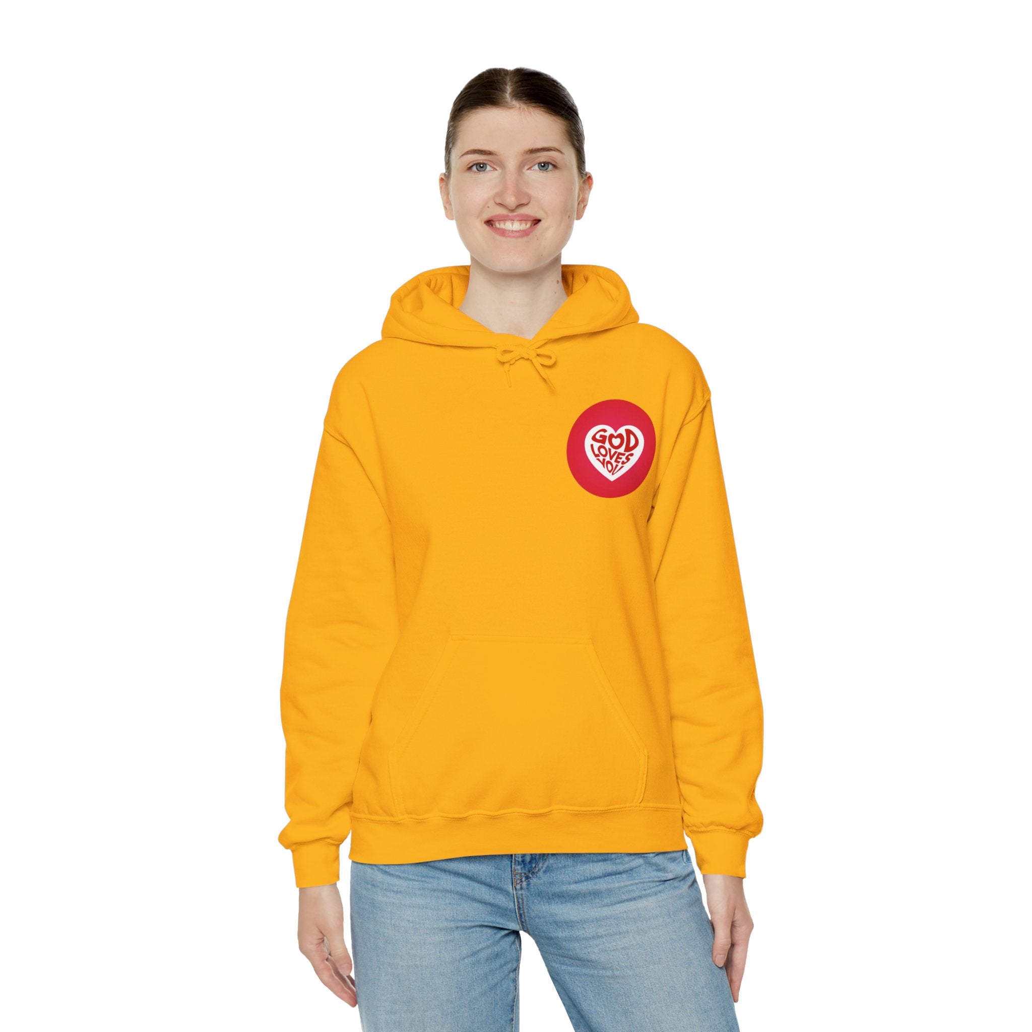 Person wearing a yellow hoodie with a red logo on a white background