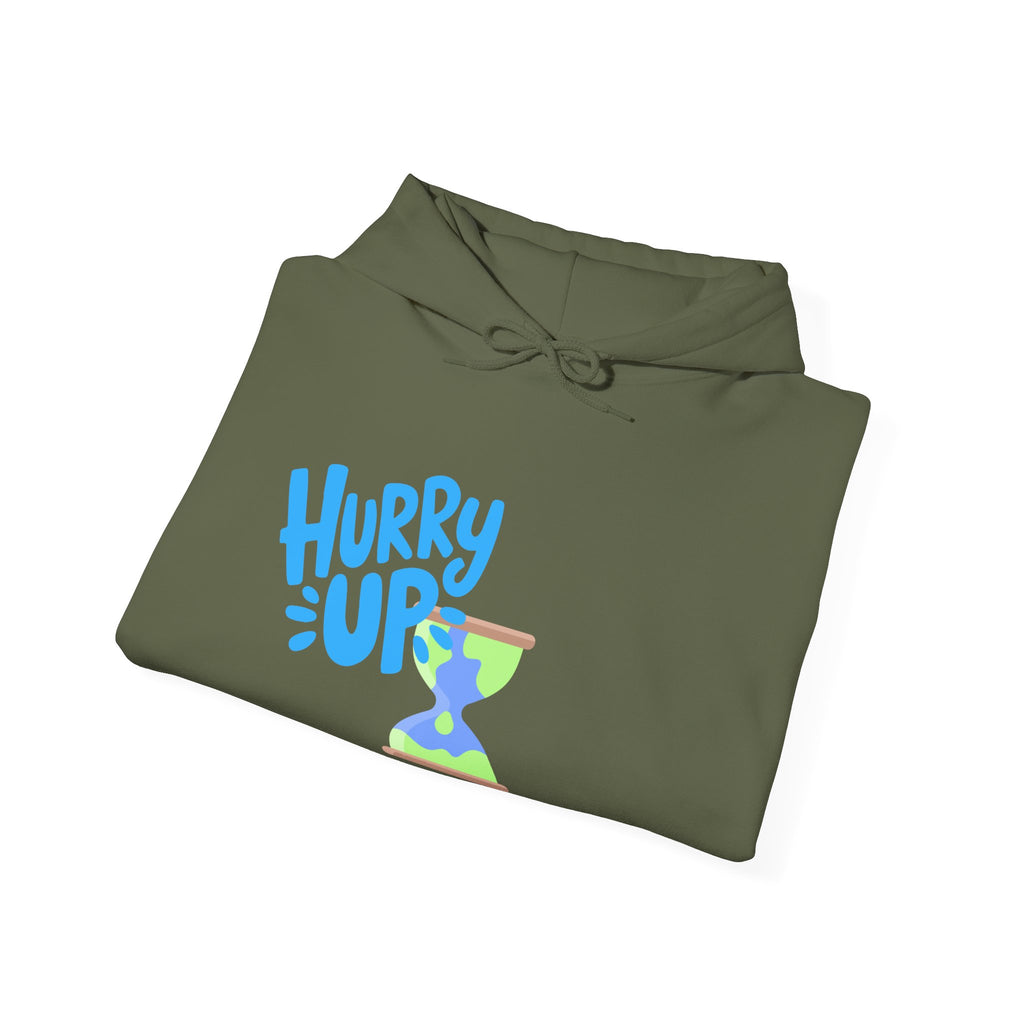 Folded green hoodie with 'Hurry Up' text and sand timer graphic on a white background