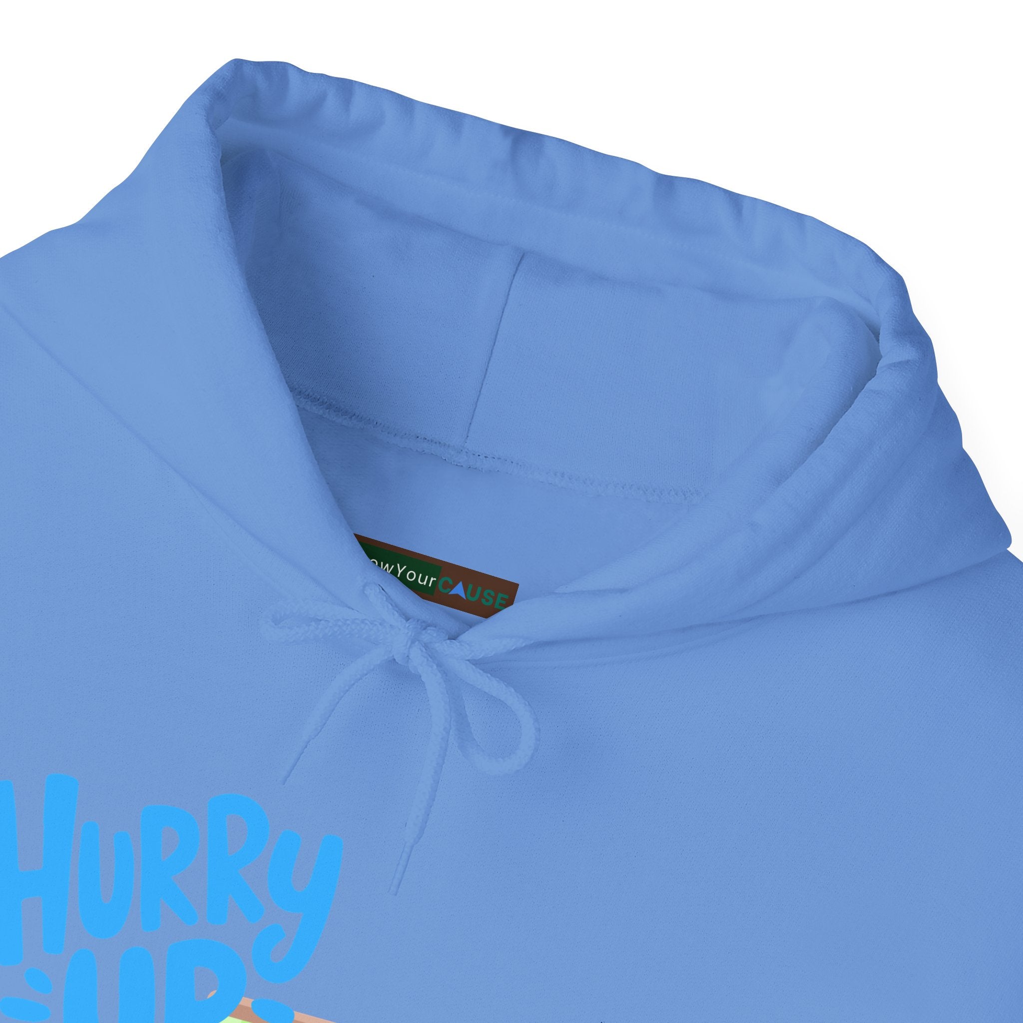 Light blue hoodie with text on a white background