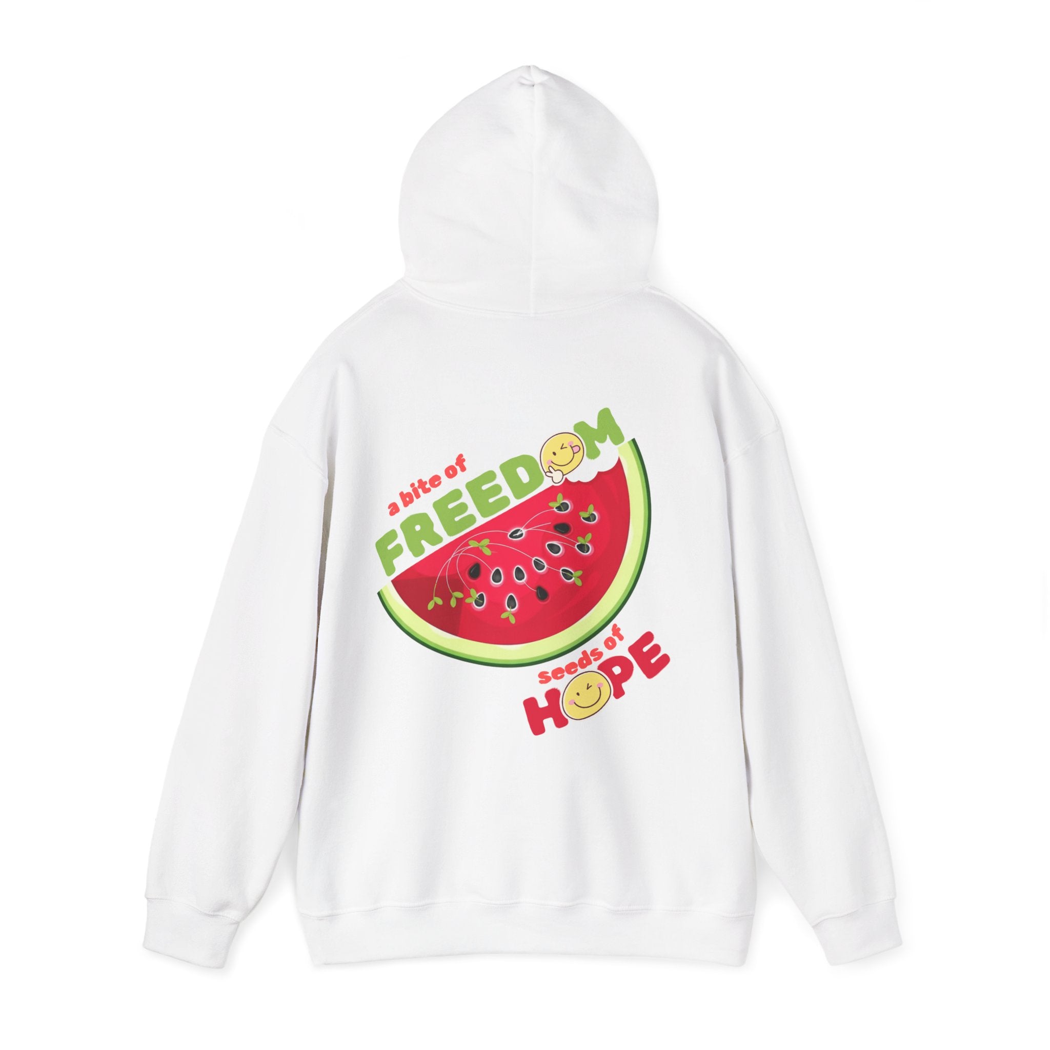 White hoodie with a watermelon graphic and text on a white background