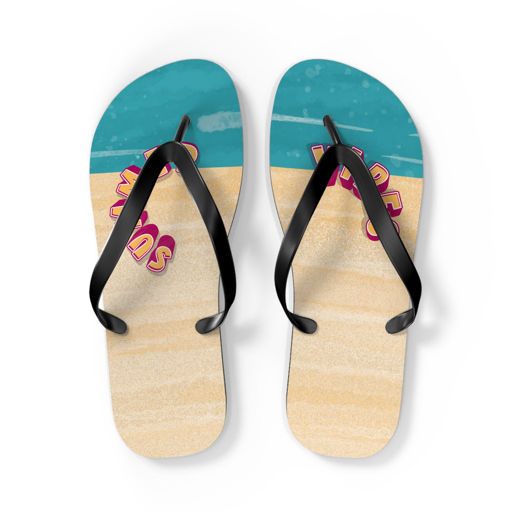 Pair of flip-flops with a beach design on a white background