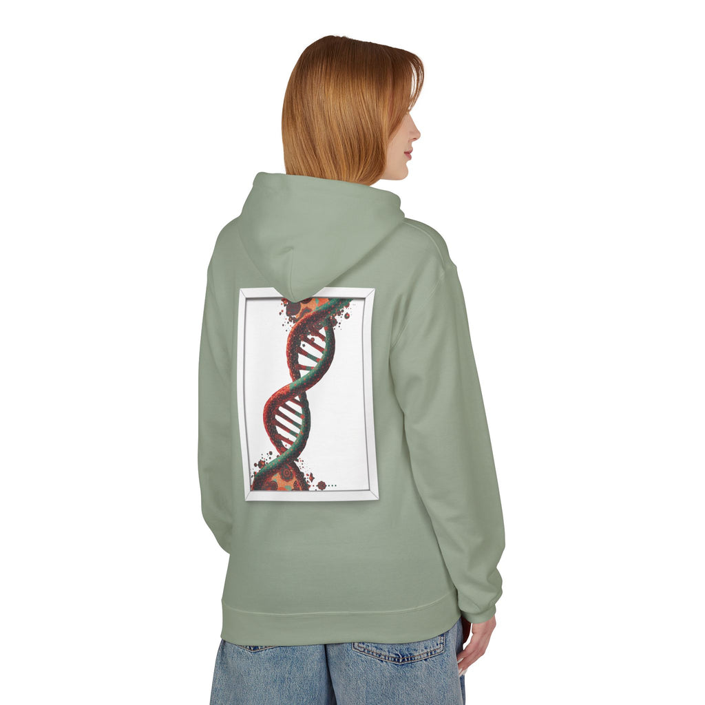 Person wearing a light green hoodie with a DNA double helix design on the back, standing against a white background.