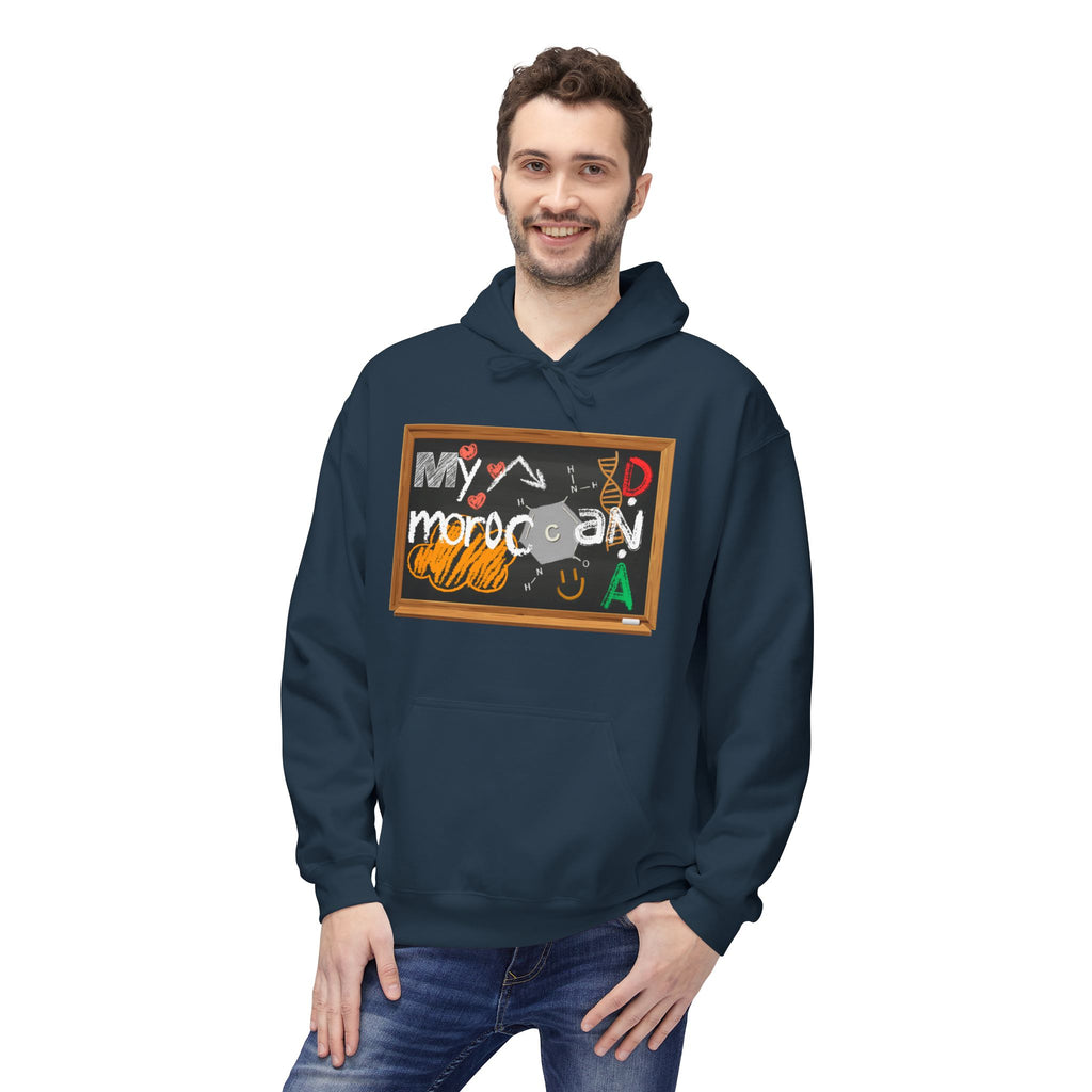 Man wearing a navy blue hoodie with a colorful graphic design on a white background