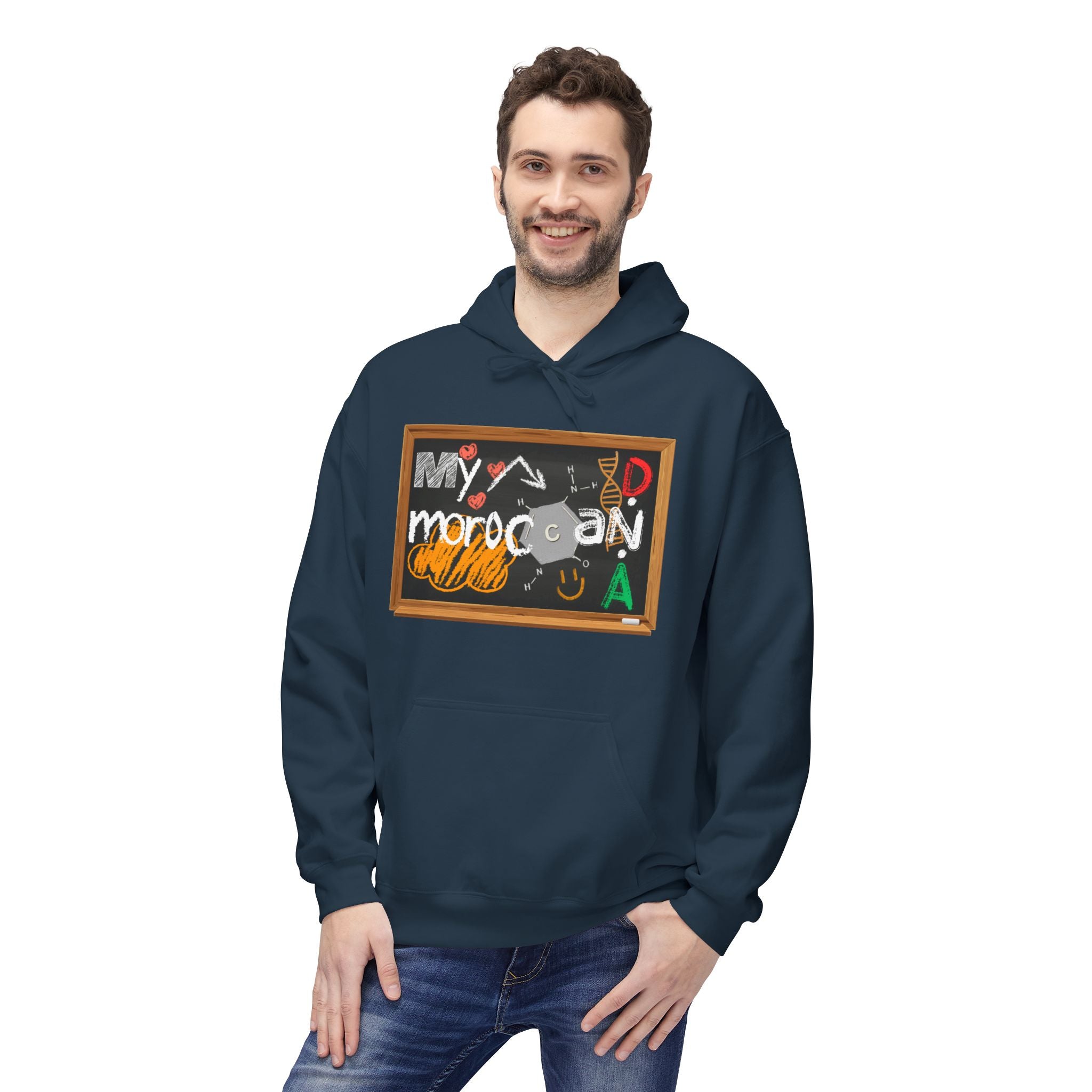 Man wearing a navy blue hoodie with a colorful graphic design on a white background
