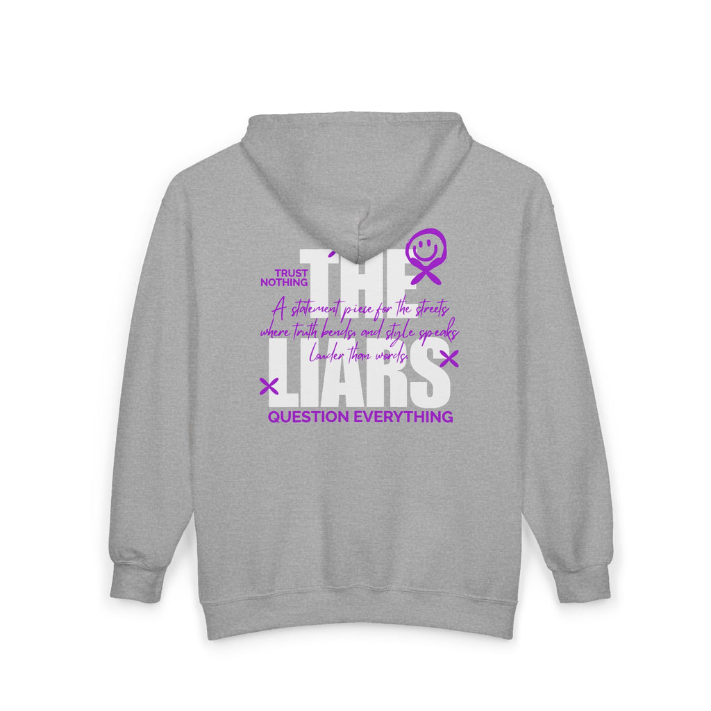 Gray hoodie with text and graphics on the back against a white background