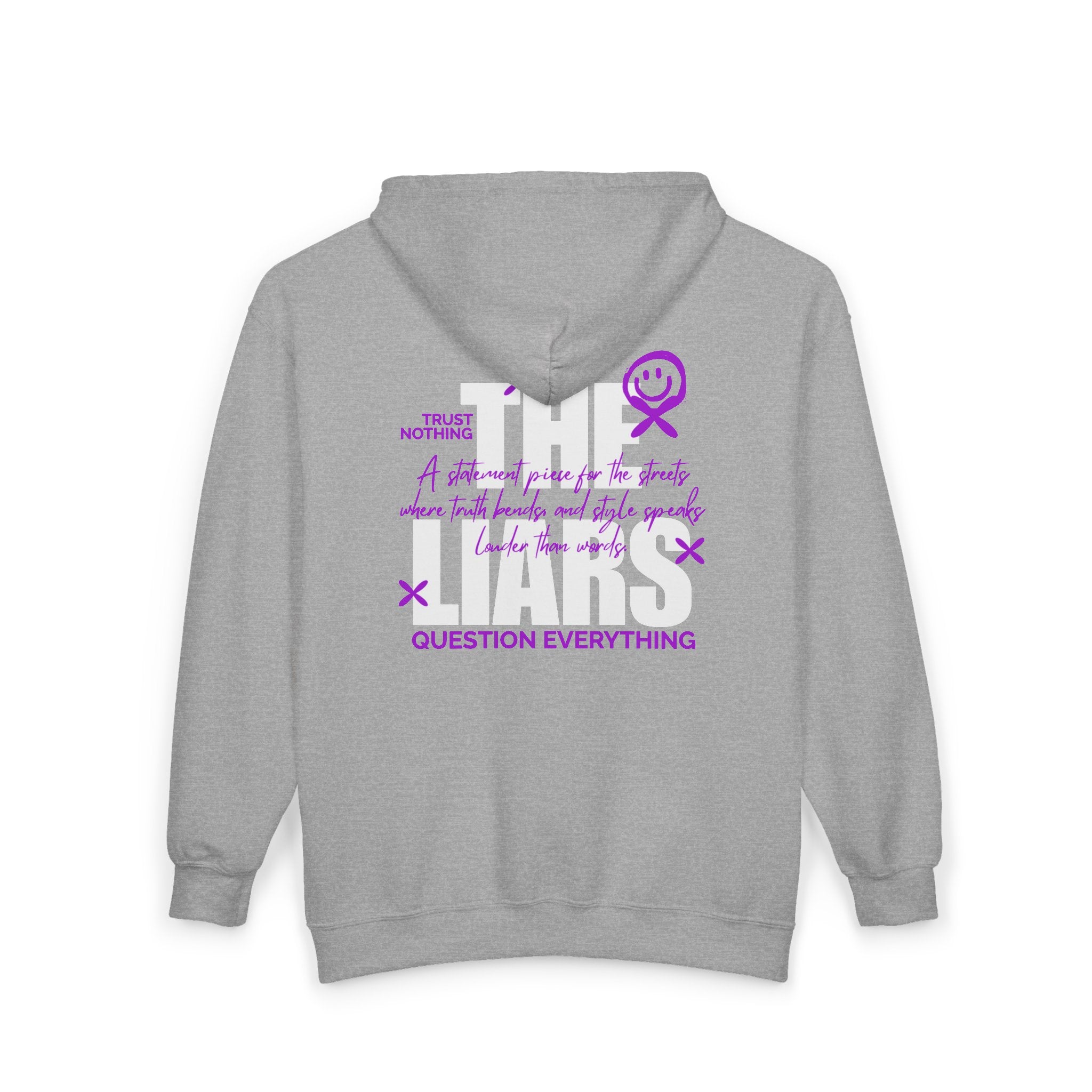 Gray hoodie with text and graphics on the back against a white background