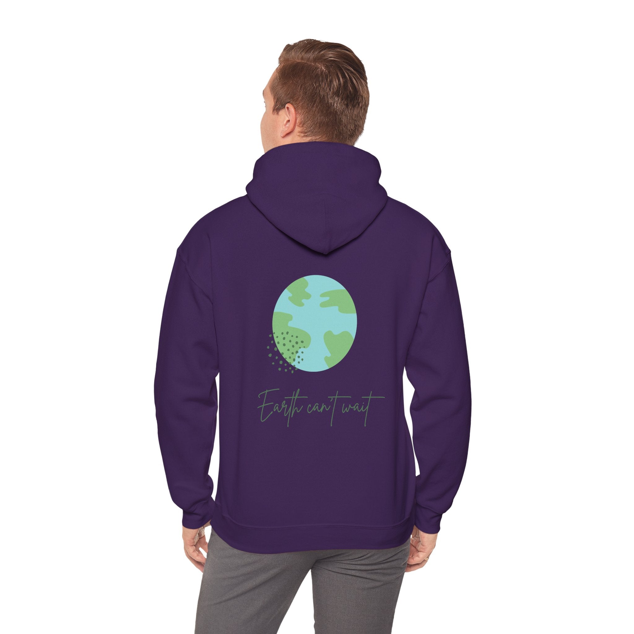 Person wearing a purple hoodie with a green Earth graphic and 'Earth can't wait' text on the back.