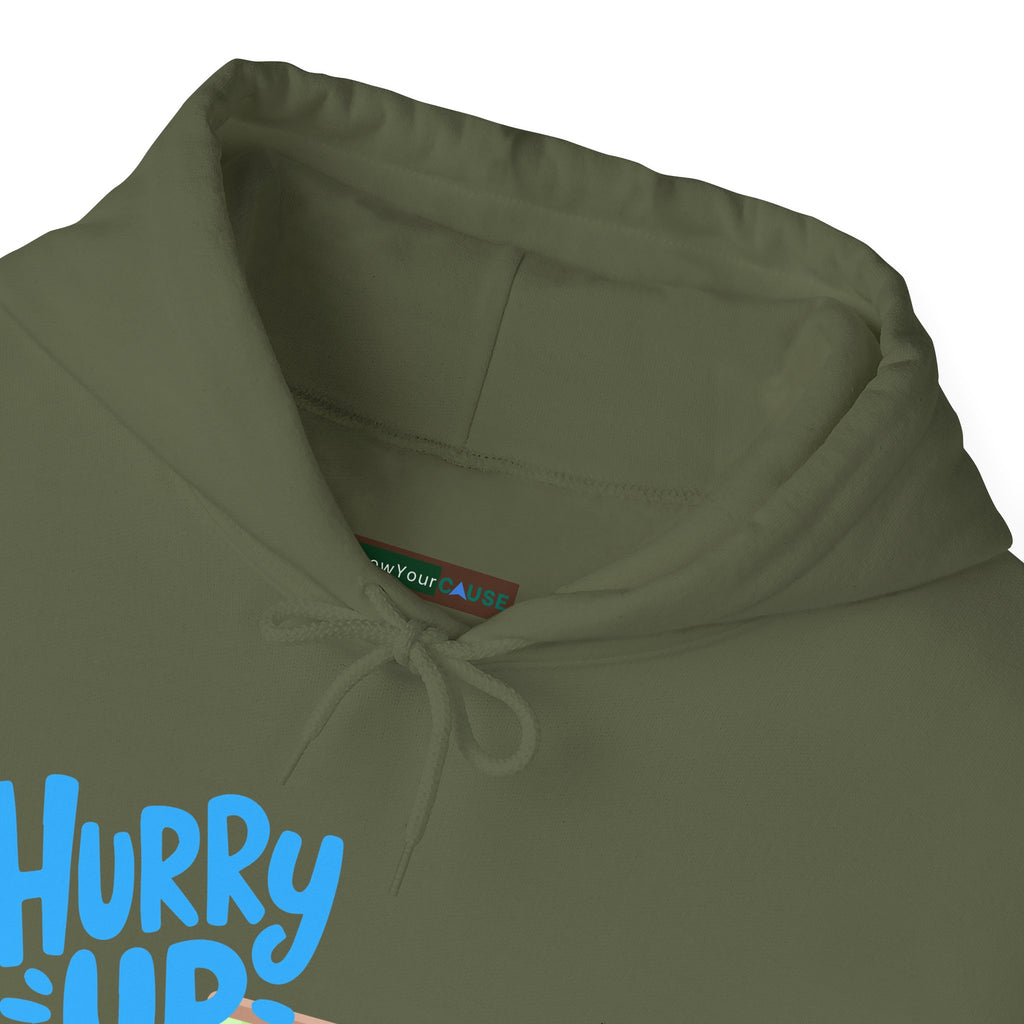 Green hoodie with a brand label and partially visible text on a white background
