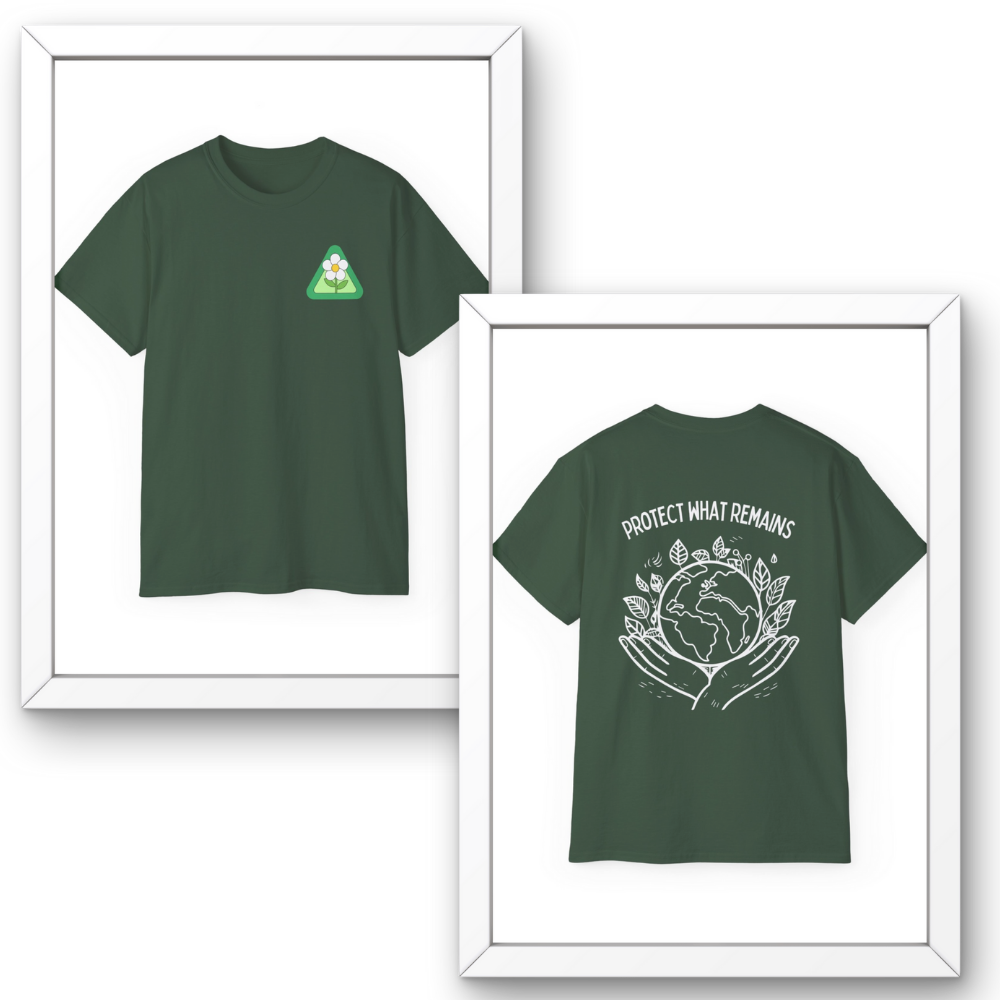 Green t-shirt with front and back designs on a white background