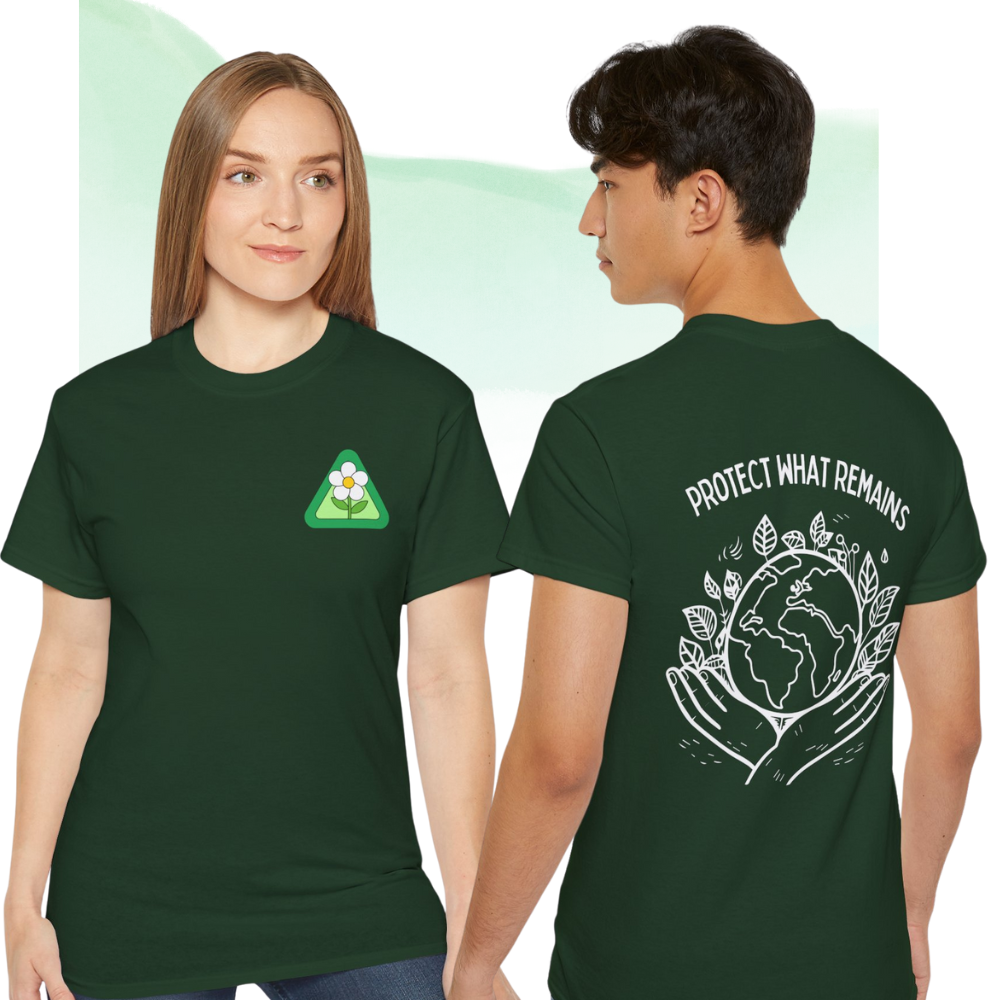 Two people wearing green t-shirts with environmental designs on a light green background