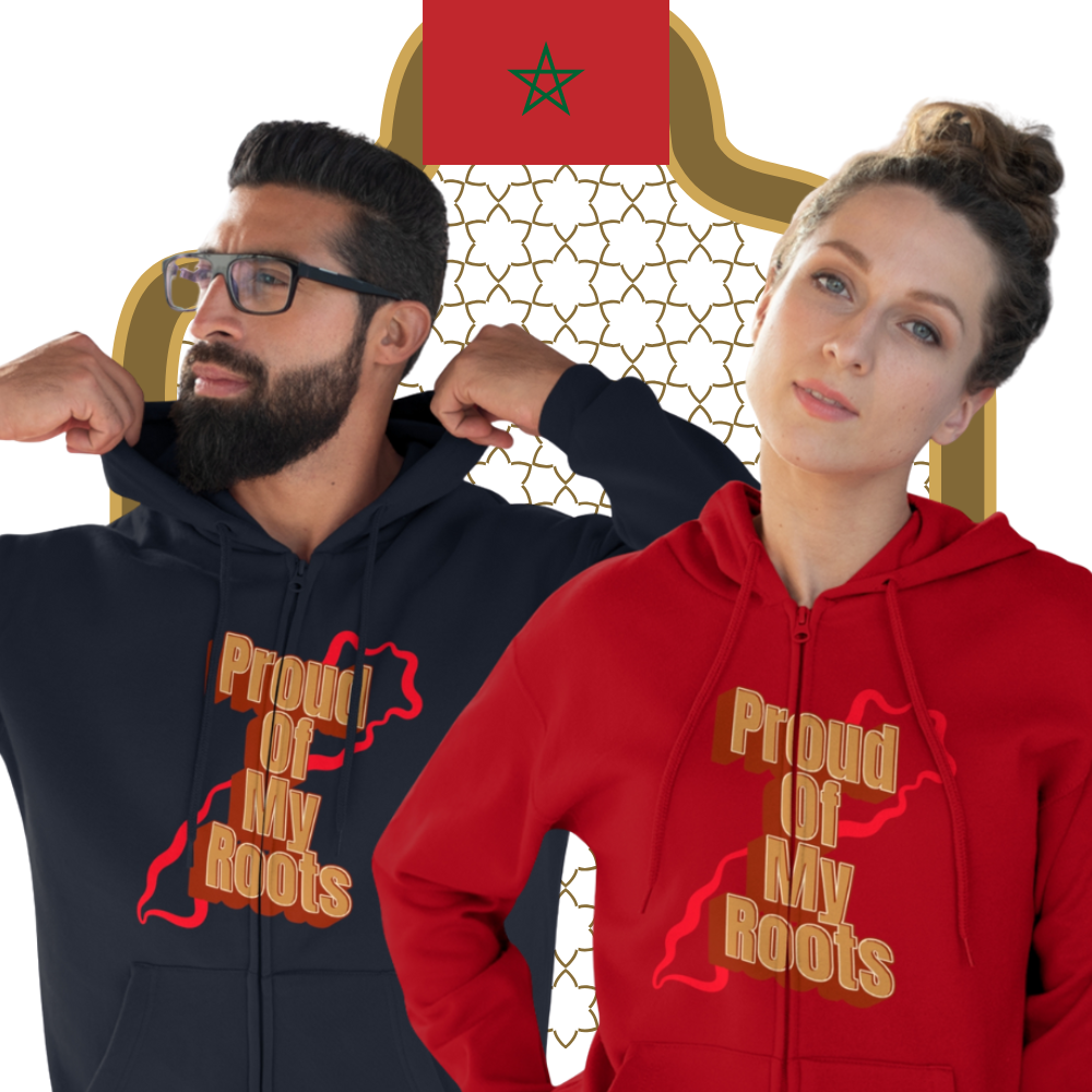 Two people wearing 'Proud of My Roots' hoodies with a decorative background.