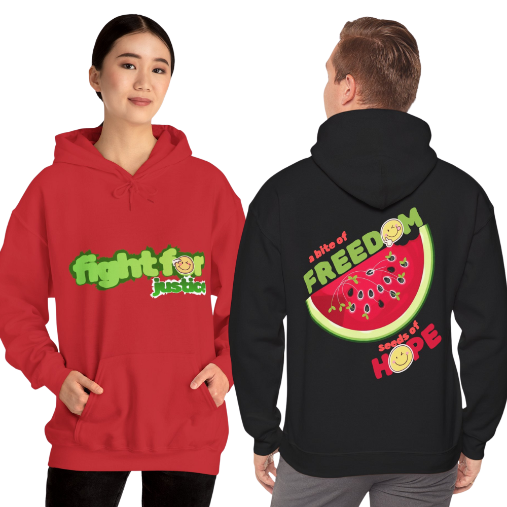 Red and black hoodies with text and graphics on a white background