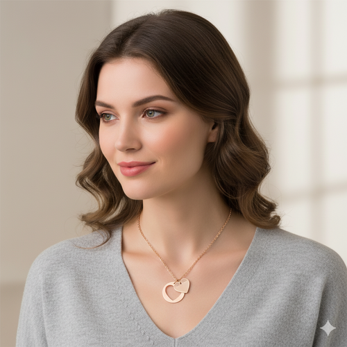Woman wearing a gold necklace with a heart pendant against a neutral background