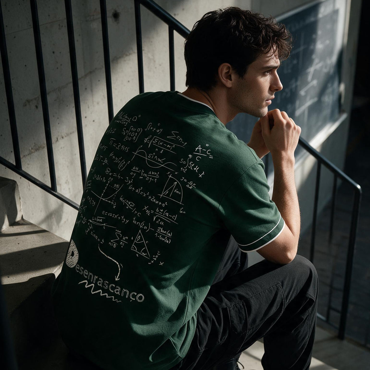 A man sits on concrete stairs in a stairwell, wearing a dark green t-shirt with white mathematical equations and formulas printed on the back, paired with black pants and black shoes.