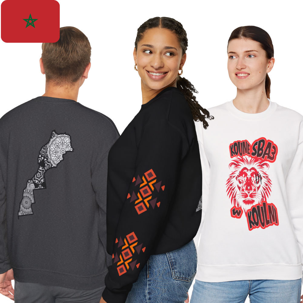 Three people wearing different sweatshirts with unique designs on a white background