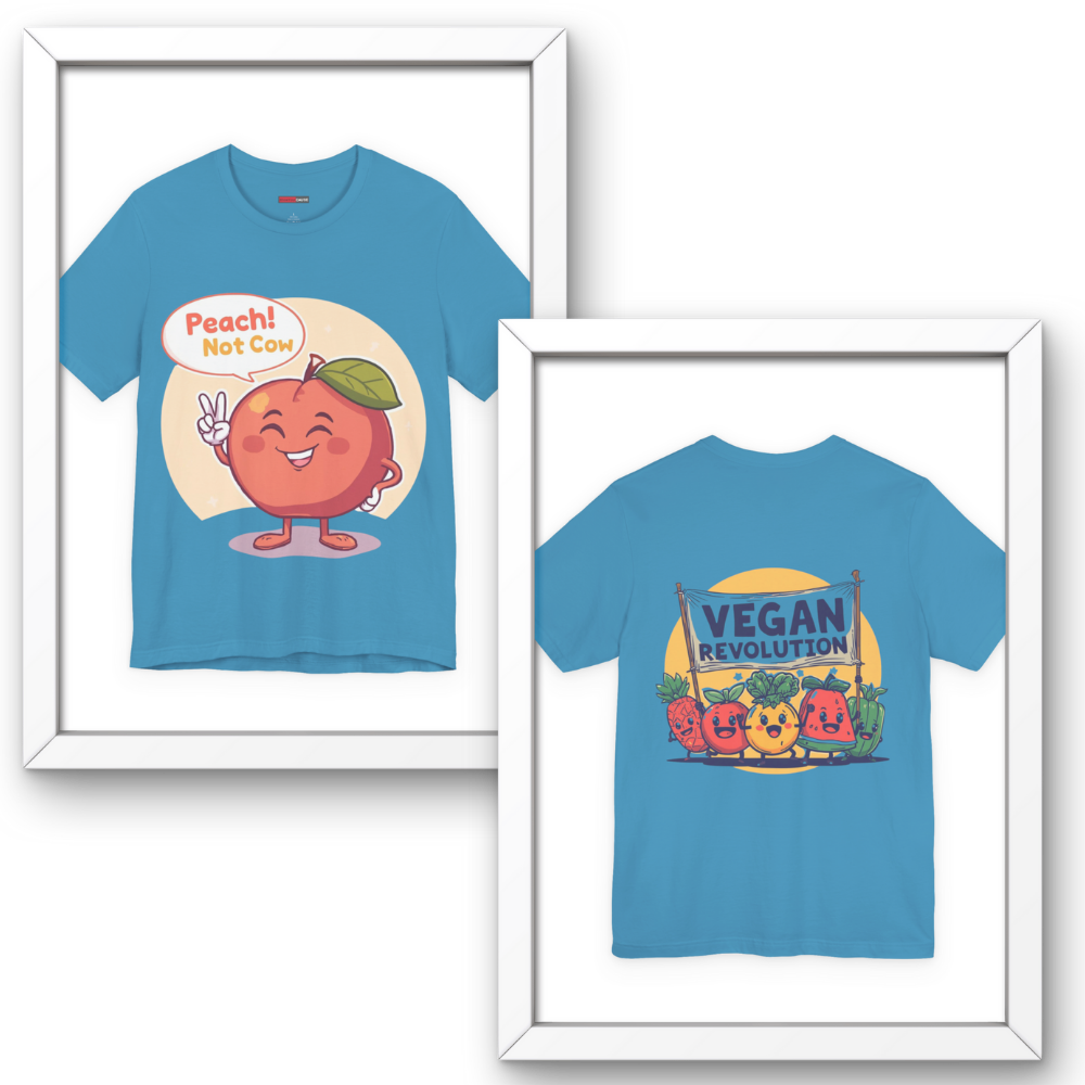 Two blue t-shirts with cartoon designs in white frames on a white background