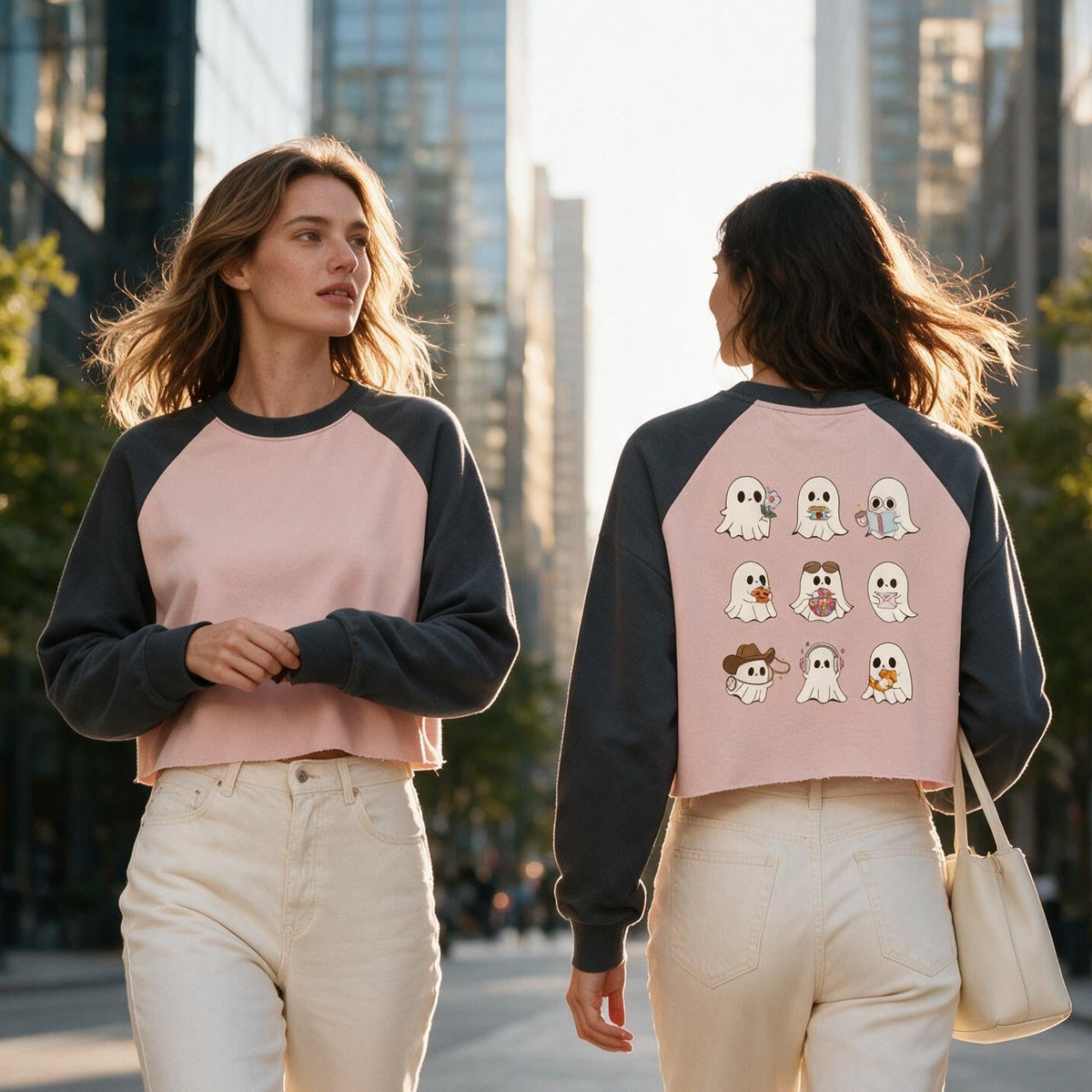 Two women walking on a city street wearing matching pink and navy raglan crop tops and cream pants. The woman facing forward shows a pink front with dark navy sleeves and collar, while the woman facing away shows a back panel decorated with a grid of small cartoon ghosts.