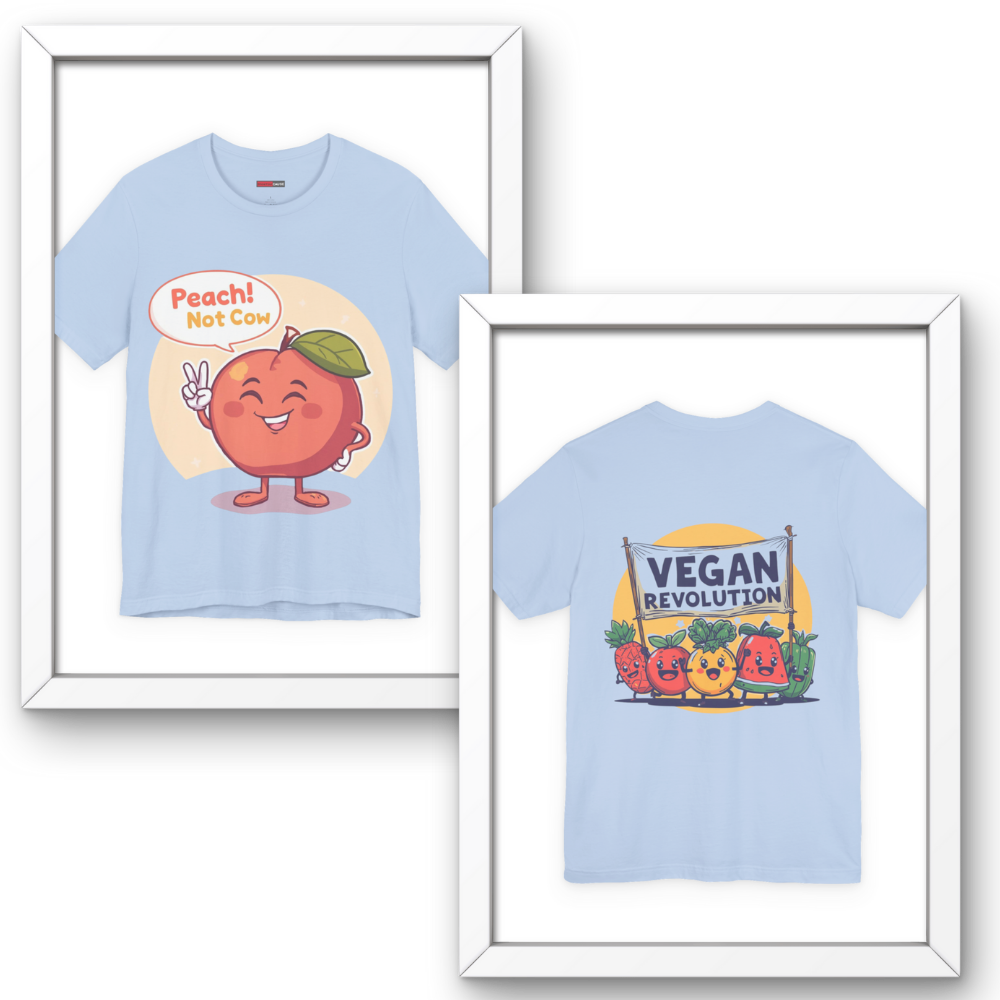 Two framed blue t-shirts with cartoon designs on a white background