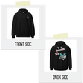 Black hoodie shown from front and back with visible designs on a white background.