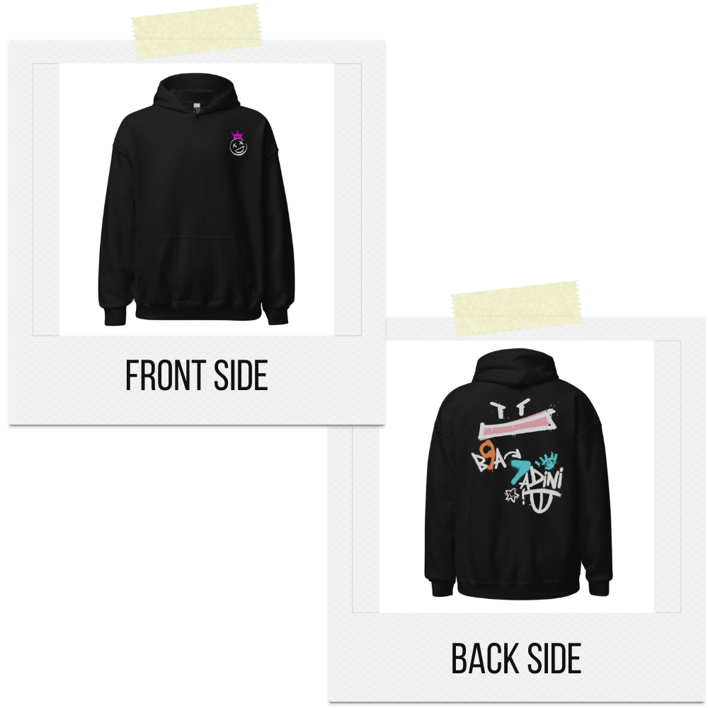 Black hoodie shown from front and back with visible designs on a white background.