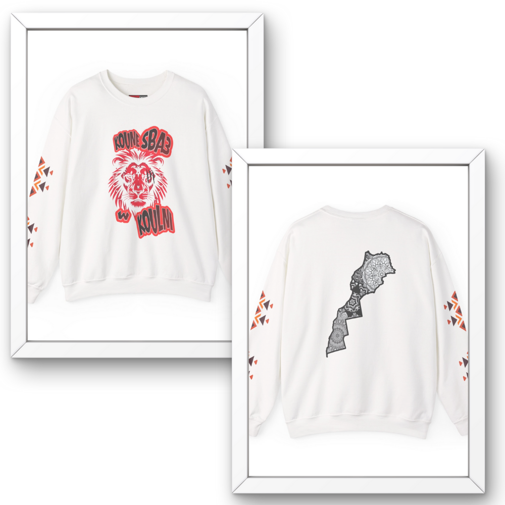 Two white sweatshirts with graphic designs on a white background