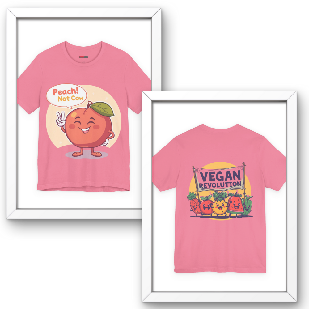 Two pink t-shirts with cartoon designs of a peach and 'Vegan Revolution' text, framed against a white background.